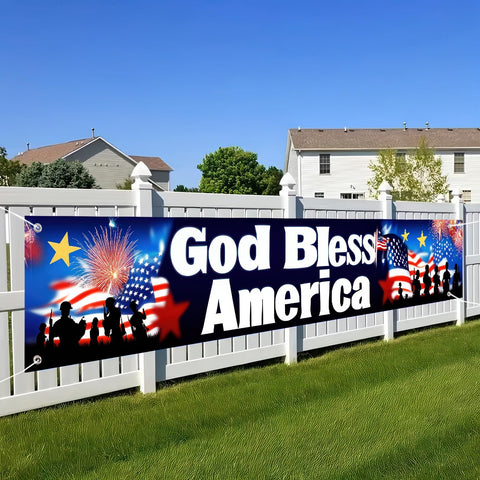 BlissYard God Bless America banner featuring service members silhouettes for meaningful décor