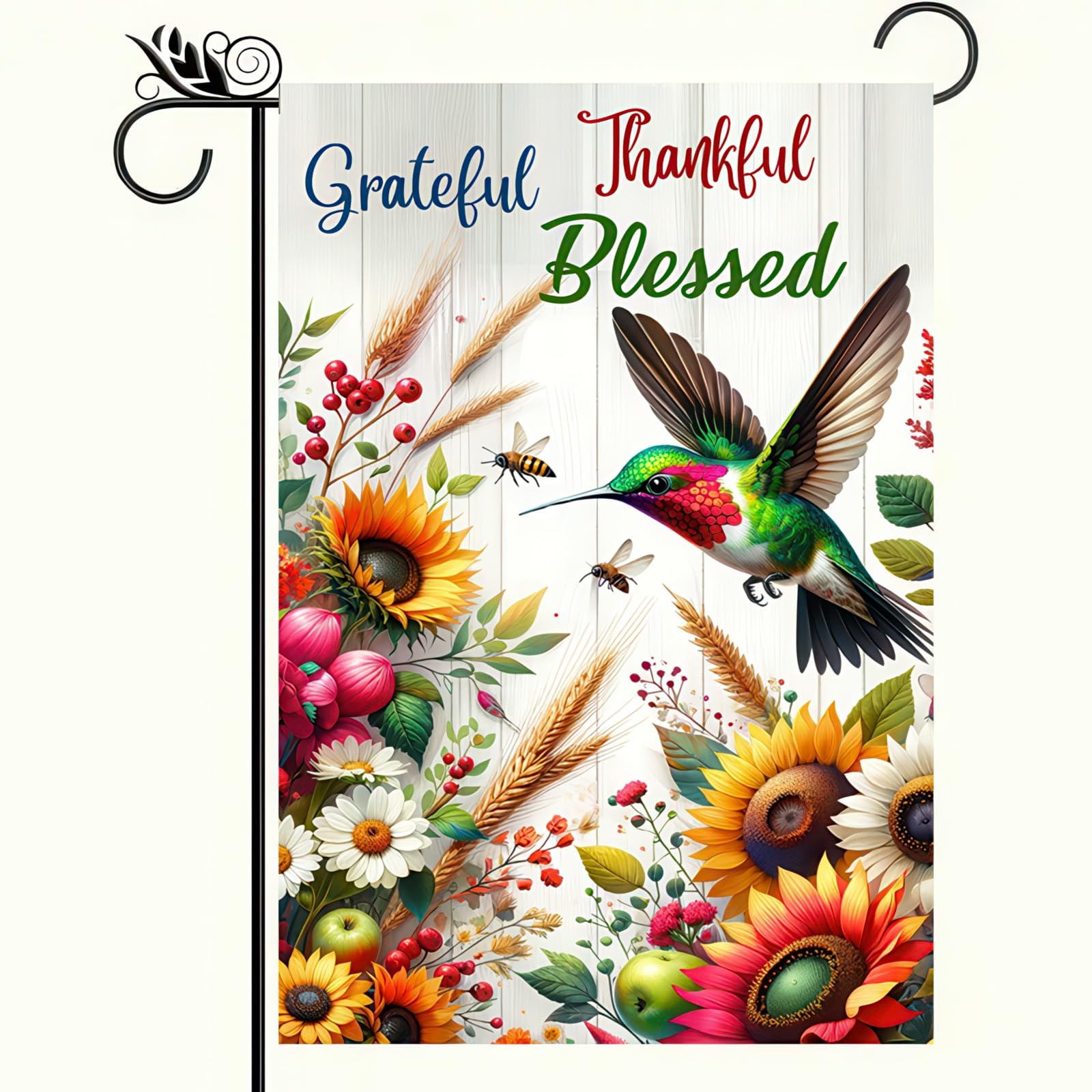 BlissYard Grateful Thankful Blessed flag front view with hummingbird and sunflowers, bright seasonal decor.