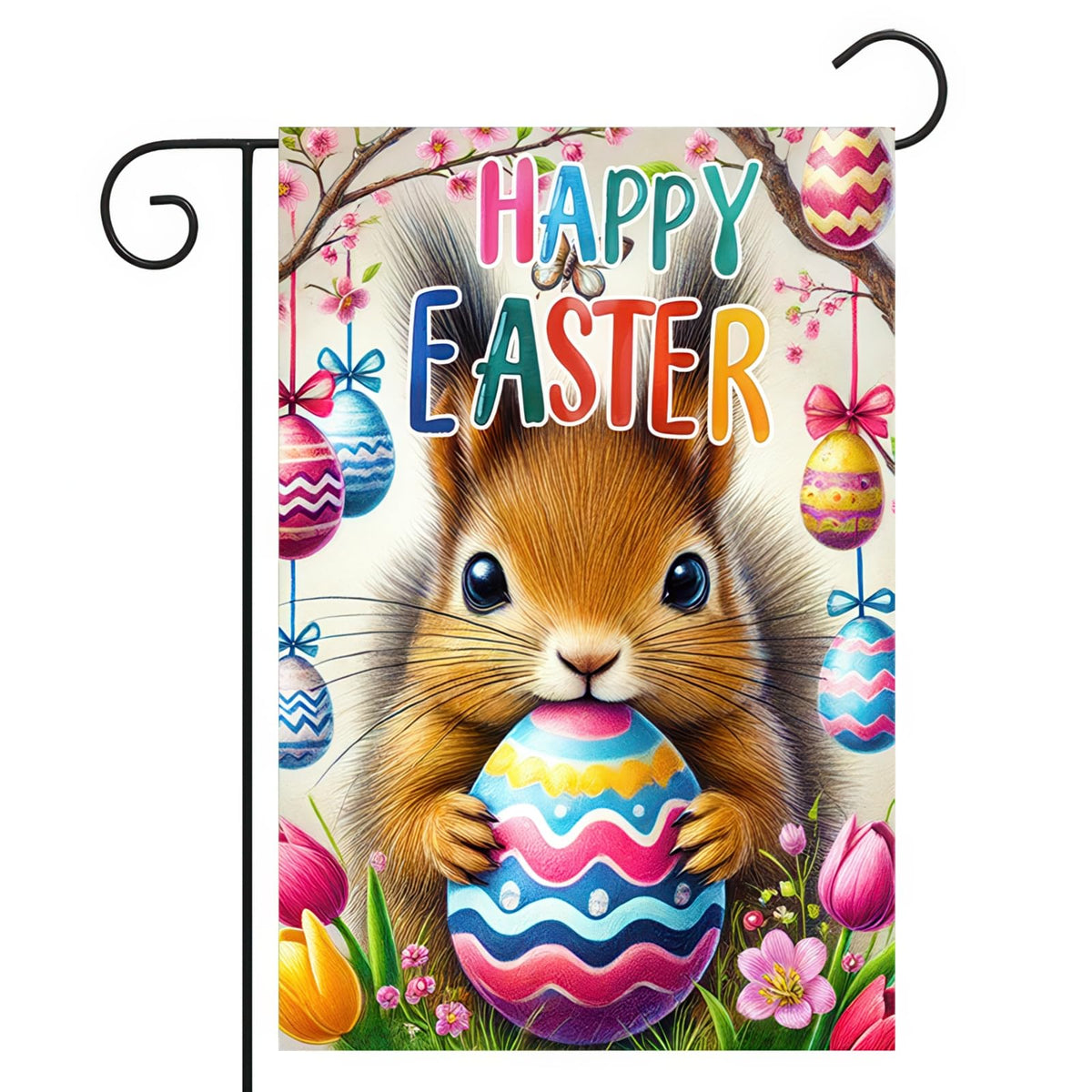 BlissYard Happy Easter Squirrel flag with eggs and flowers for vibrant outdoor decor.