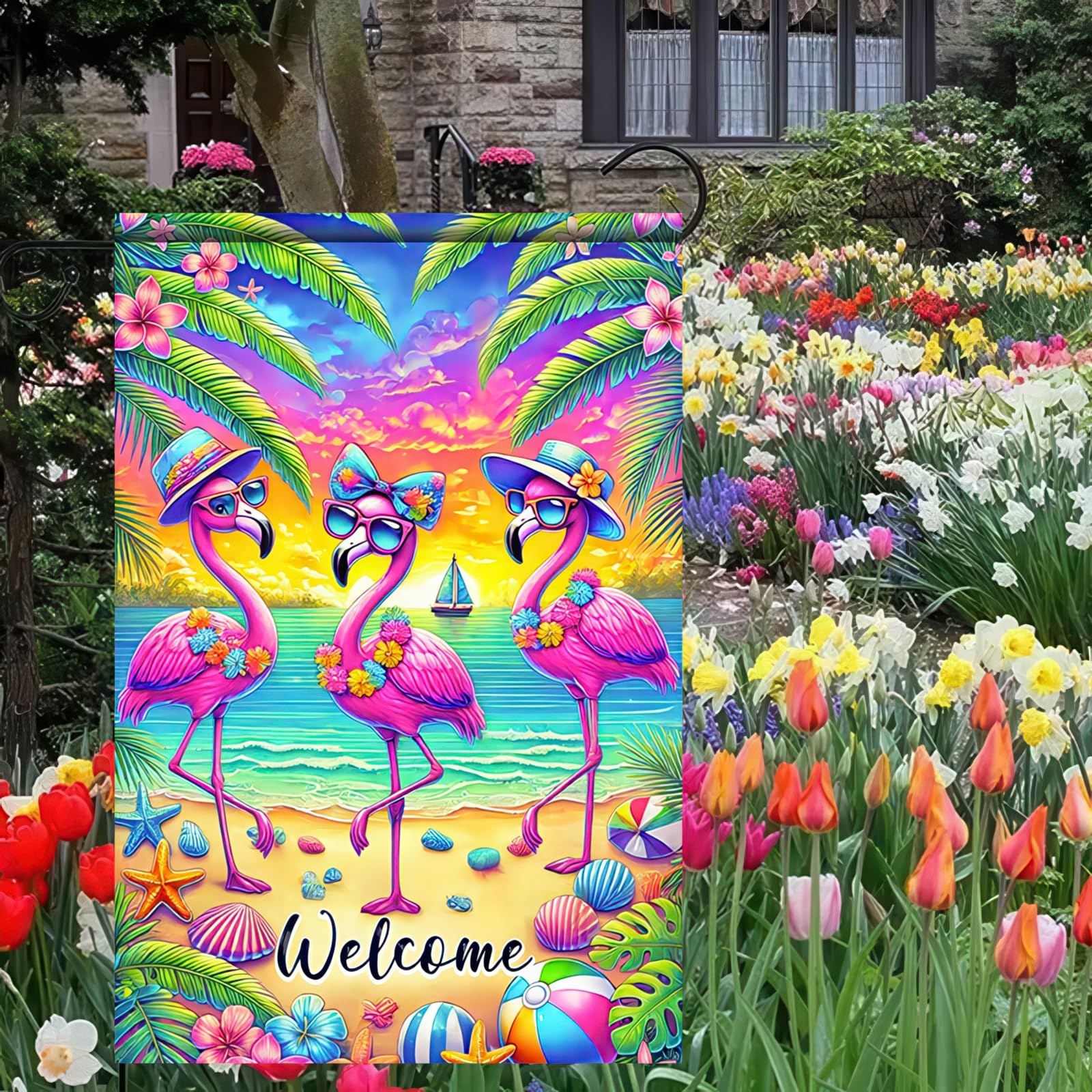 BlissYard flamingos with hats and flowers brighten outdoor spaces.