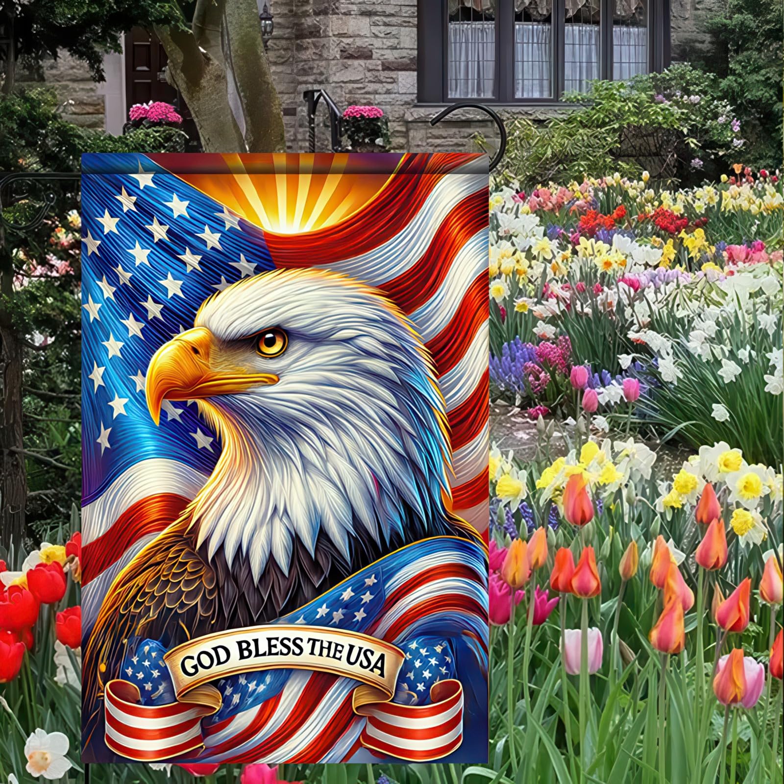 BlissYard 12x18 garden flag fits most stands and porches.