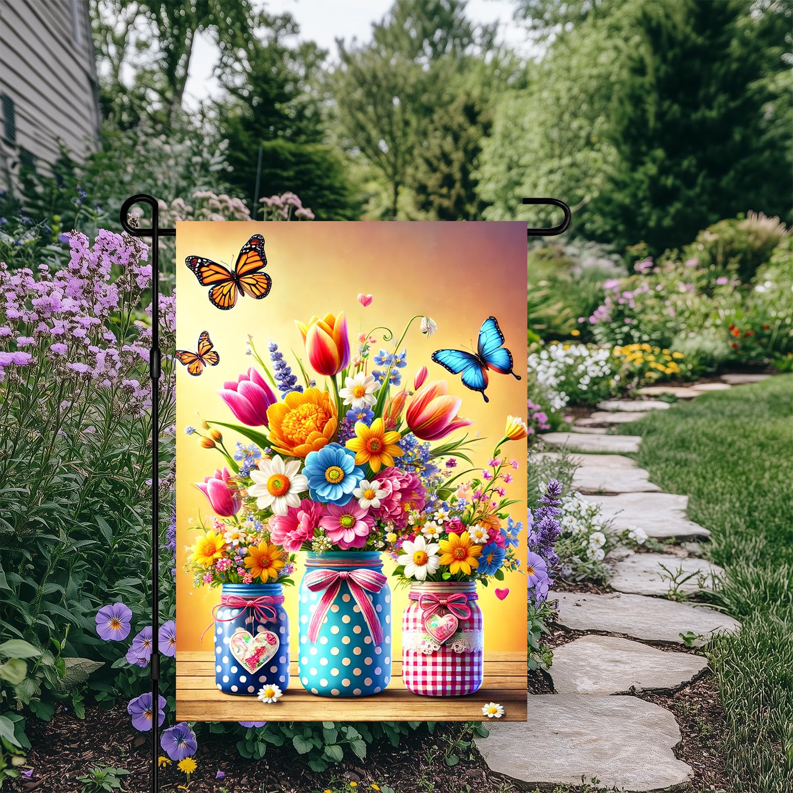 BlissYard outdoor decor on balcony with colorful flowers, ideal for seasonal yard decoration.