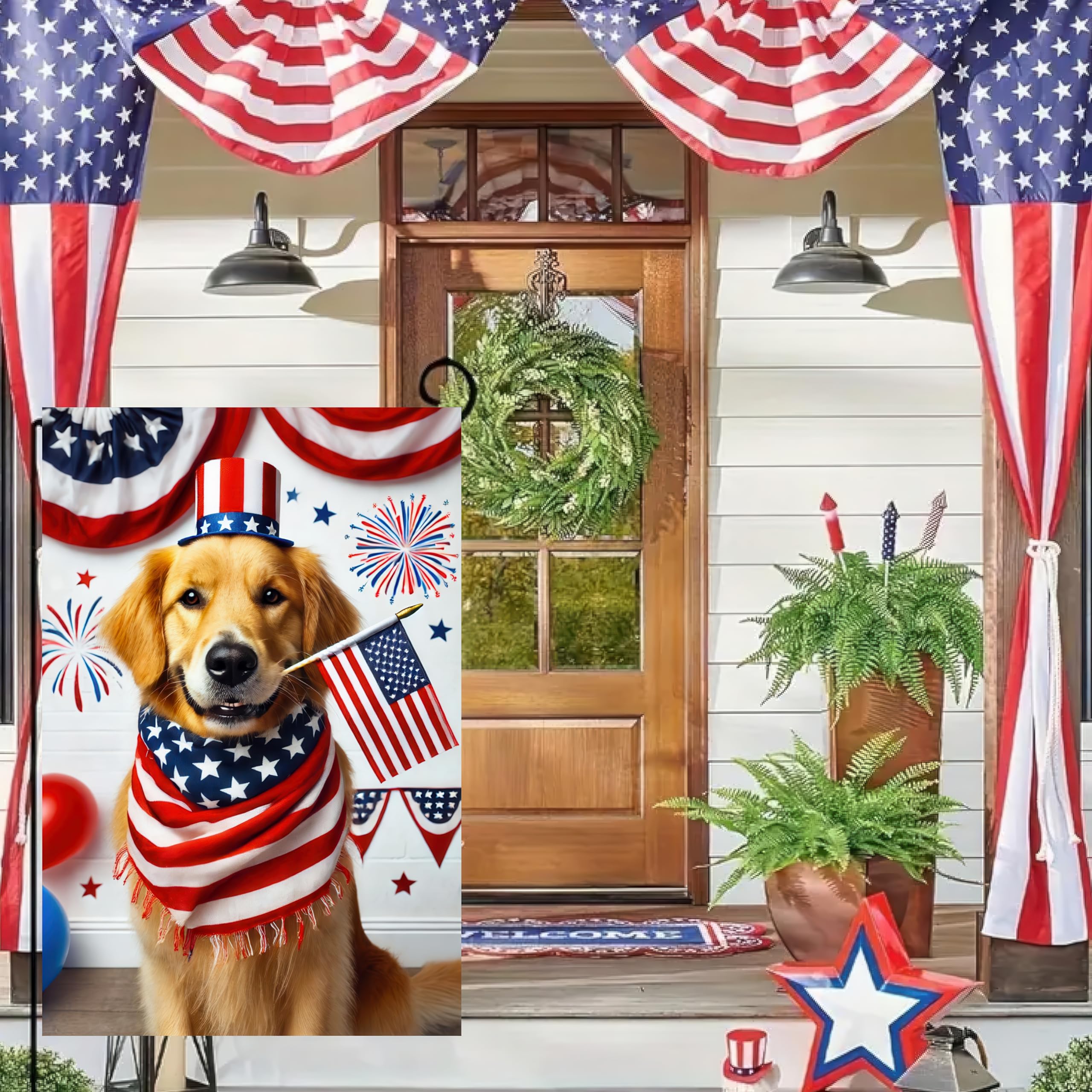 BlissYard patriotic Golden Retriever flag highlighting vivid colors for garden use.