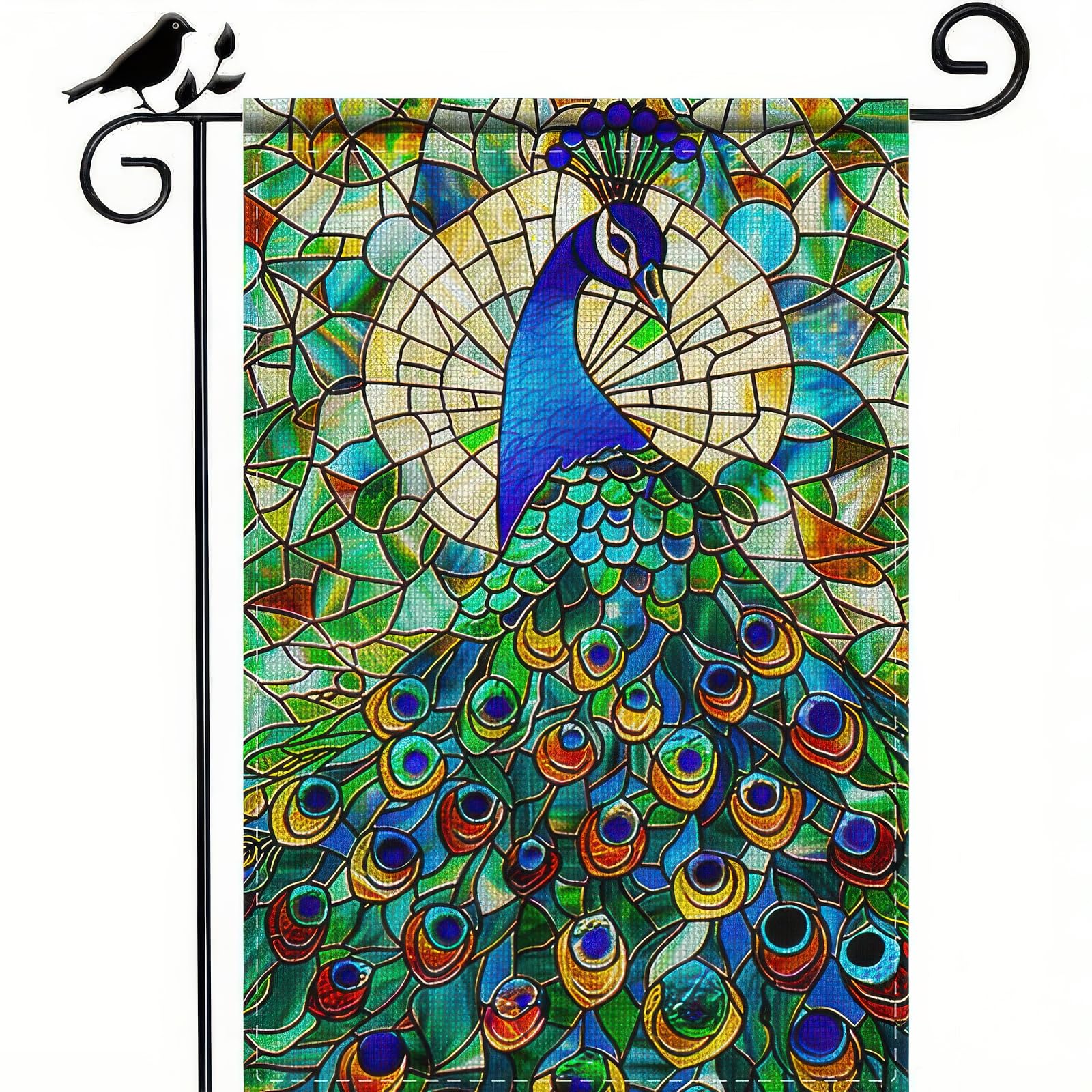 BlissYard Peacock stained-glass flag showcases vivid colors for sunny garden displays.