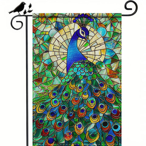 BlissYard Peacock stained-glass flag showcases vivid colors for sunny garden displays.