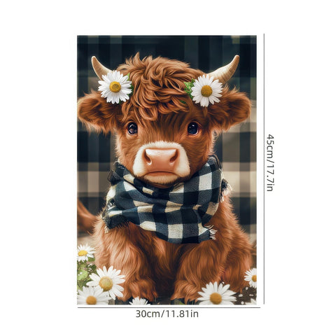 BlissYard flag shows plaid scarf on cow for cozy farmhouse curb appeal.