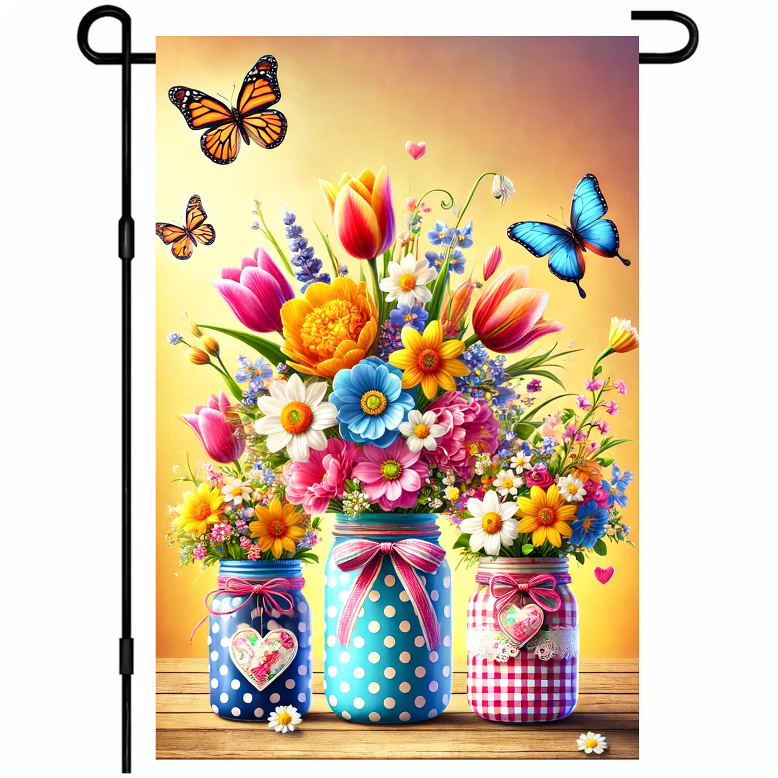 BlissYard spring floral garden flag fluttering in sunlight, enhancing curb appeal for your yard.