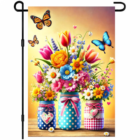 BlissYard spring floral garden flag fluttering in sunlight, enhancing curb appeal for your yard.