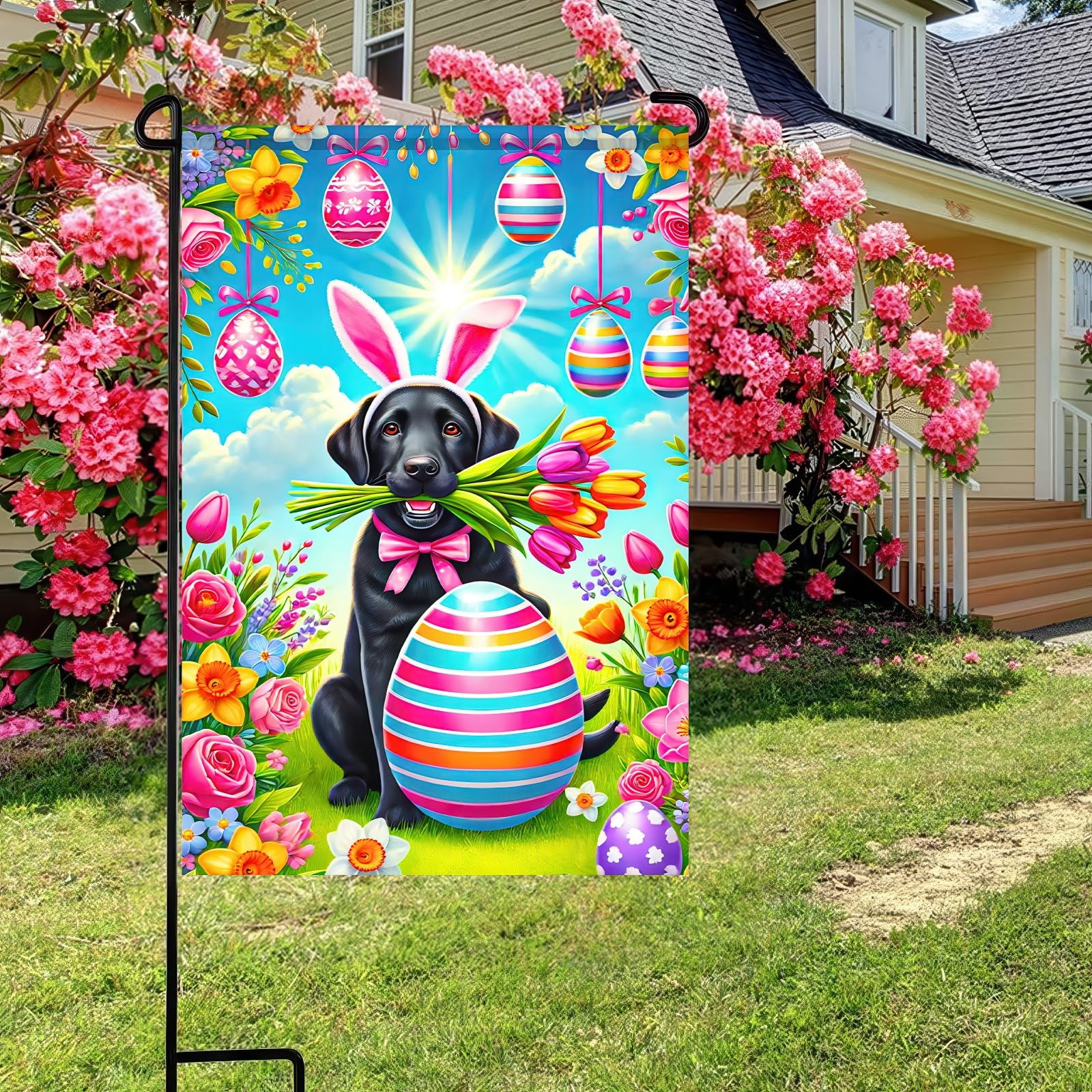 BlissYard Spring flowers bunny flag welcoming front yard and patio guests