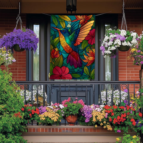 BlissYard stained glass hummingbird design with bright florals for garden charm