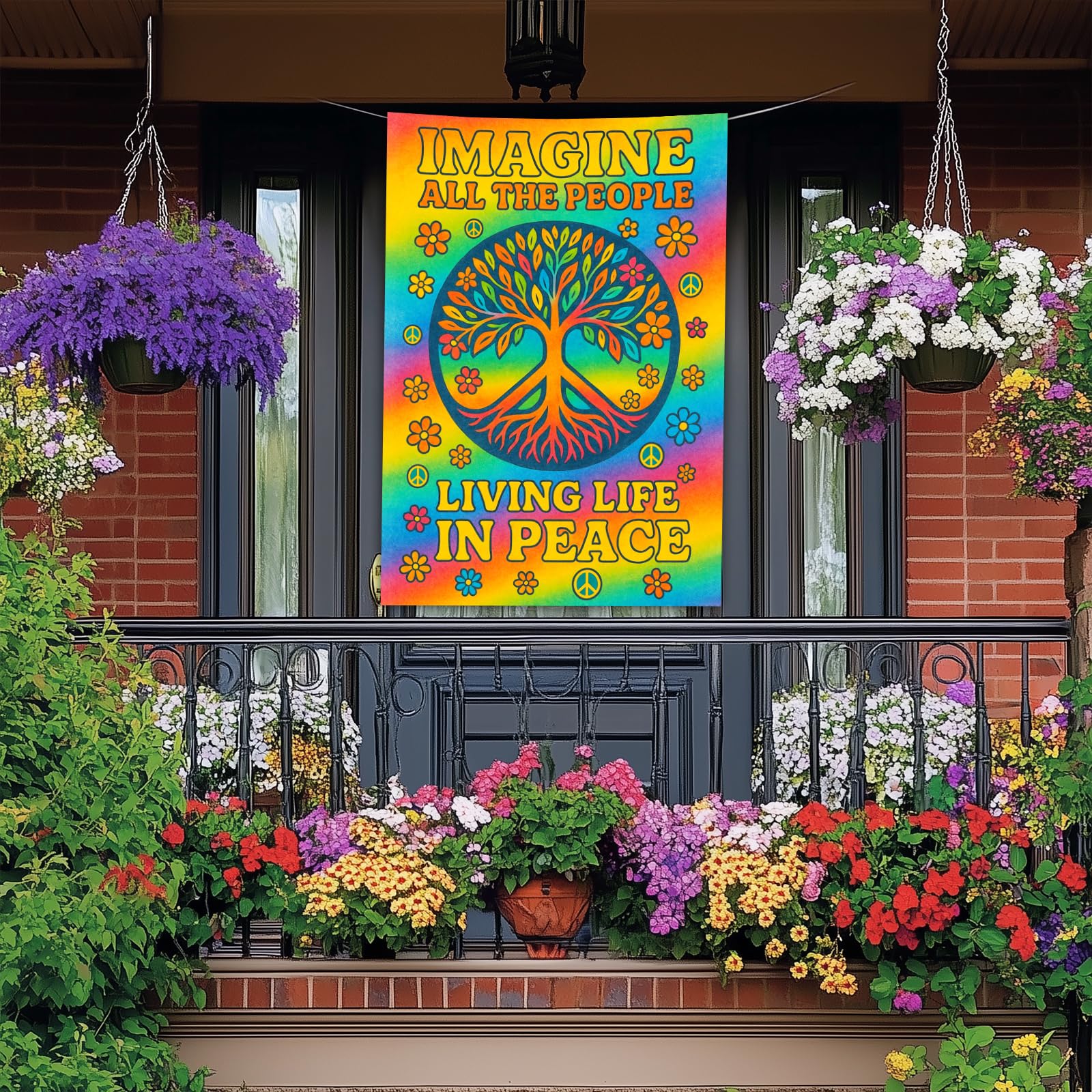 BlissYard Tree of Life rainbow flag outdoors for cheerful yard