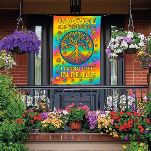 BlissYard Tree of Life rainbow flag outdoors for cheerful yard
