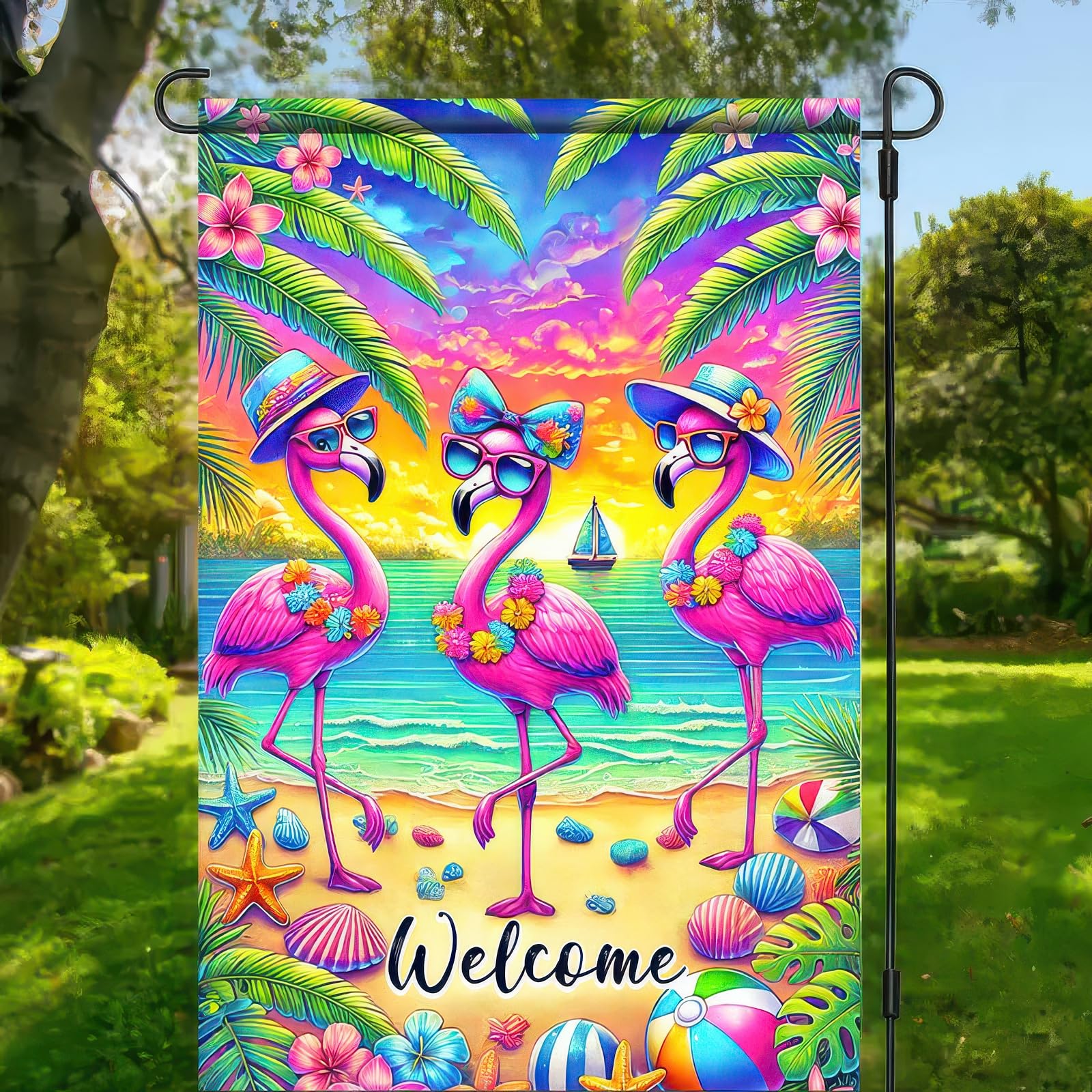 BlissYard tropical leaves garden flag with flamingos creates vibrant garden mood.