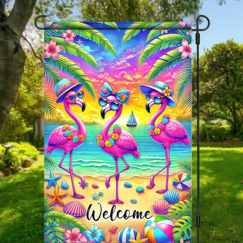 BlissYard tropical leaves garden flag with flamingos creates vibrant garden mood.