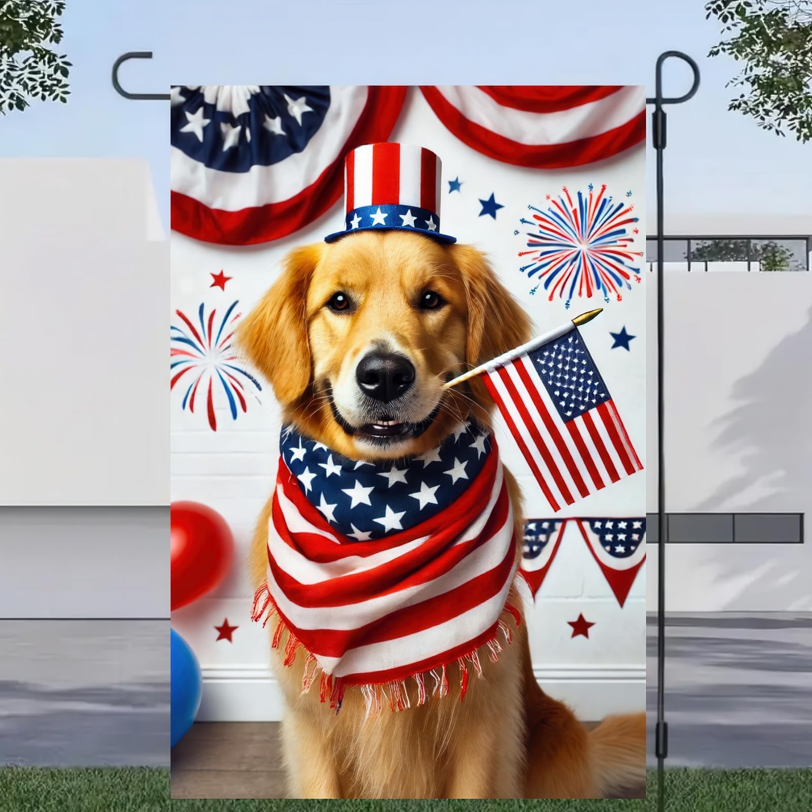 BlissYard Welcome flag with a patriotic Golden Retriever for outdoor display.