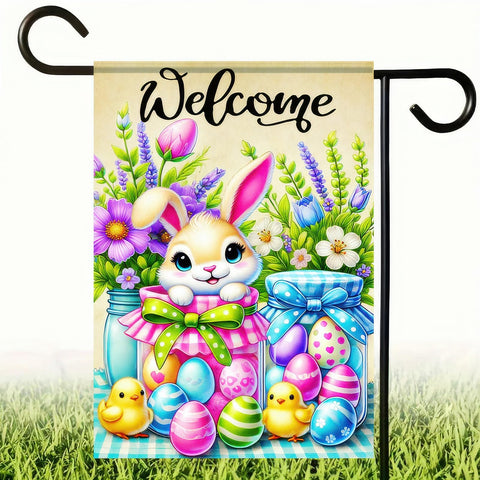 BlissYard Welcome Bunny flag featuring Easter eggs for spring lawn decor.
