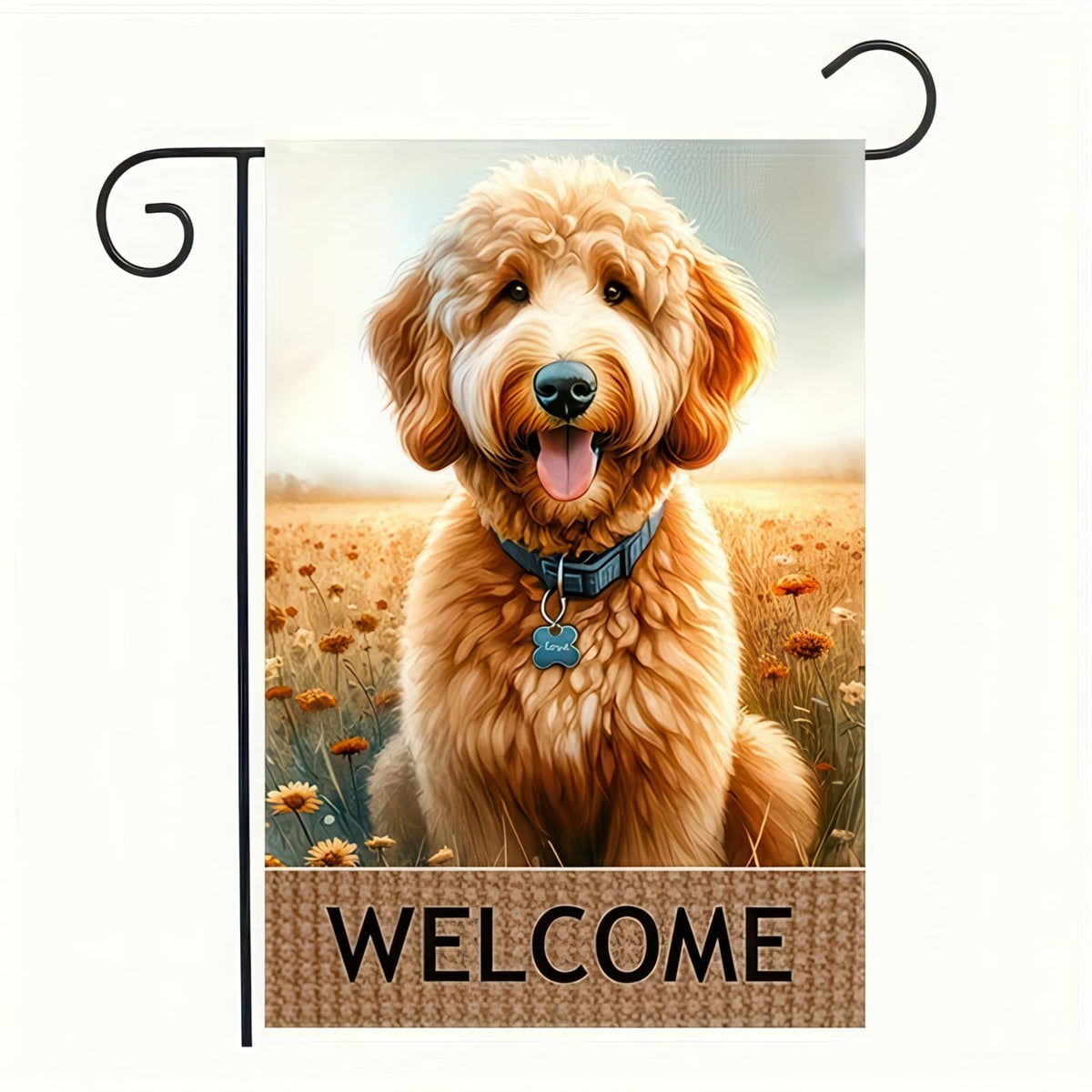BlissYard Welcome Flag featuring a smiling puppy among wildflowers brightens your front yard.