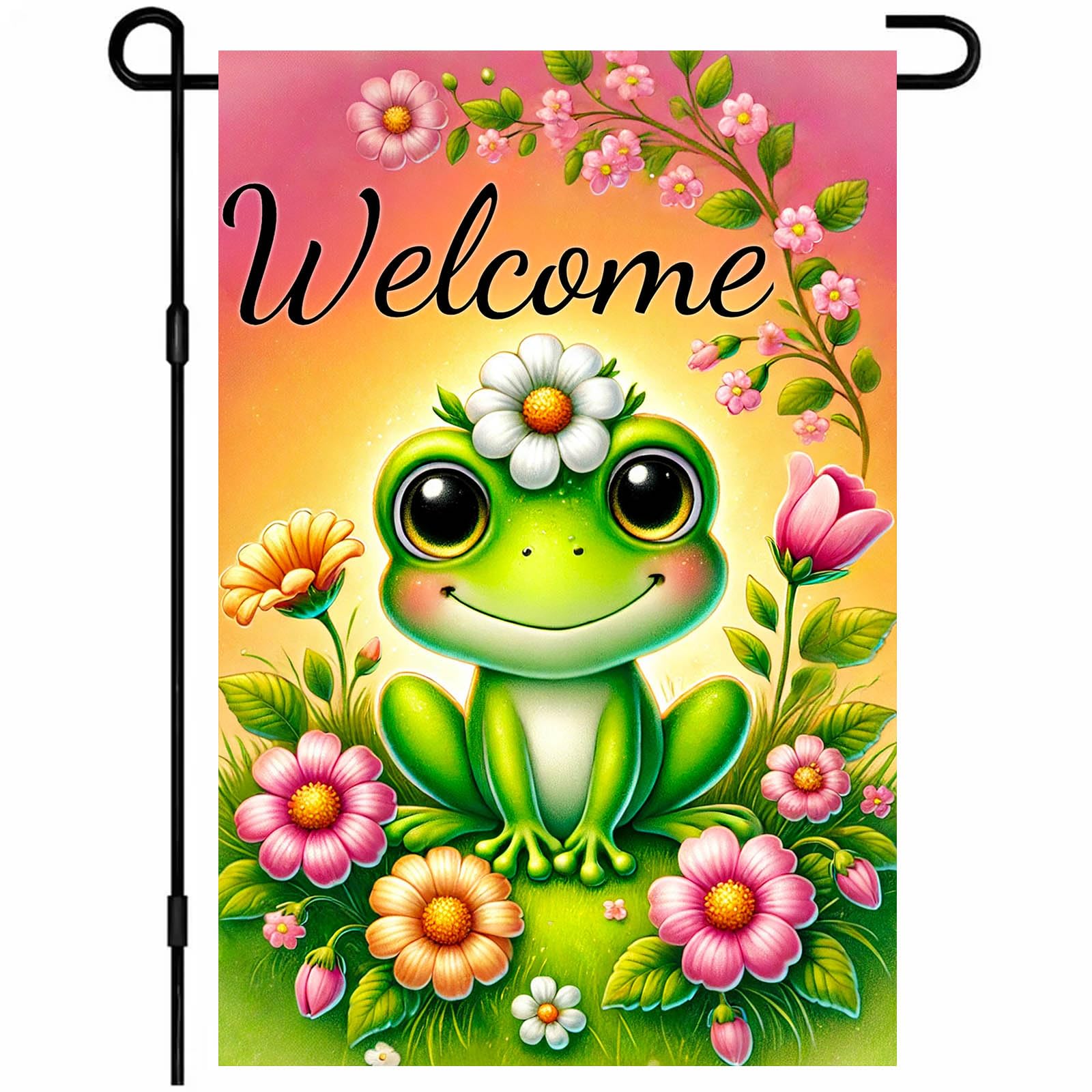 BlissYard welcome flag features a cheerful frog among flowers for vibrant spring garden decor.