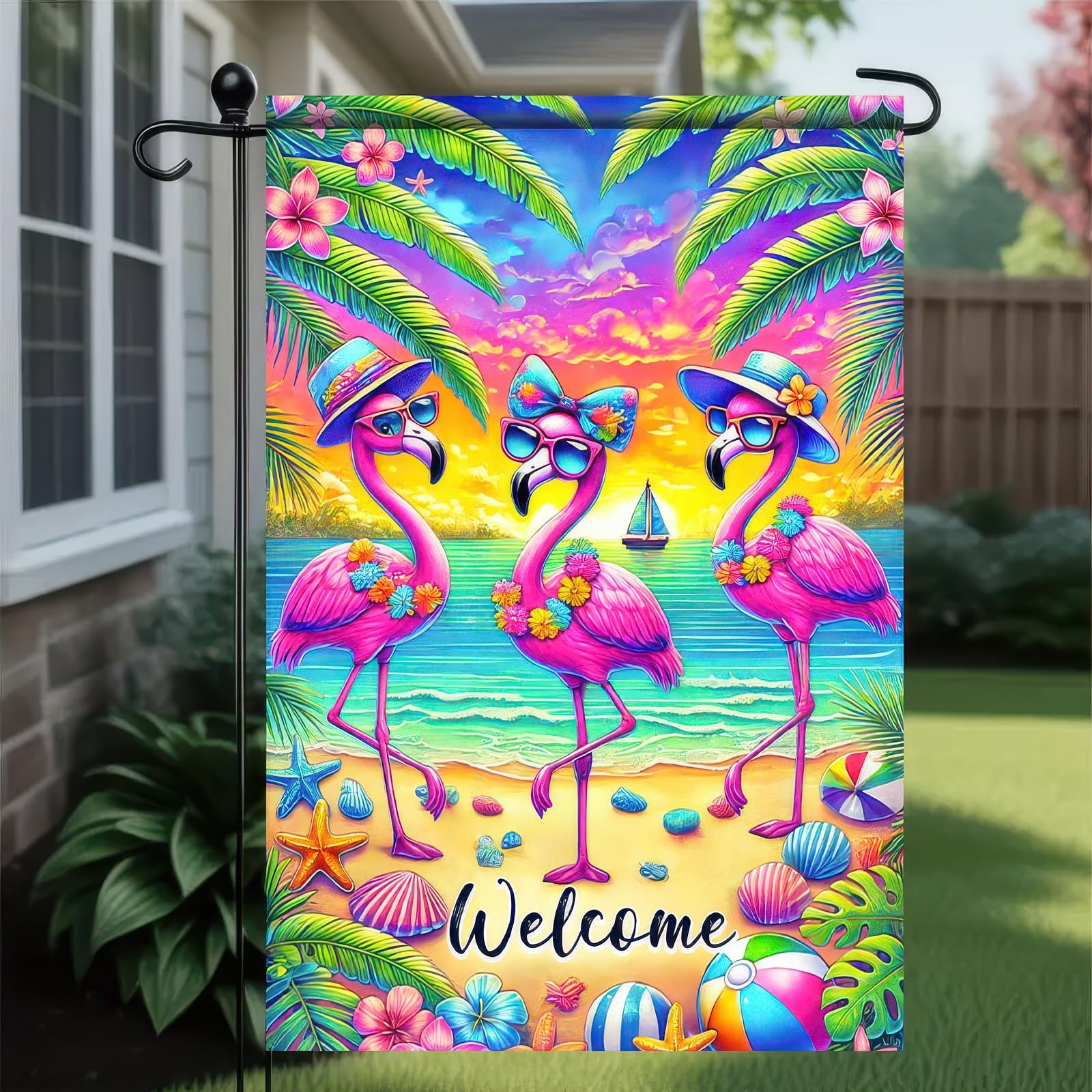 BlissYard Welcome Flamingo flag adds tropical charm to outdoor spaces.