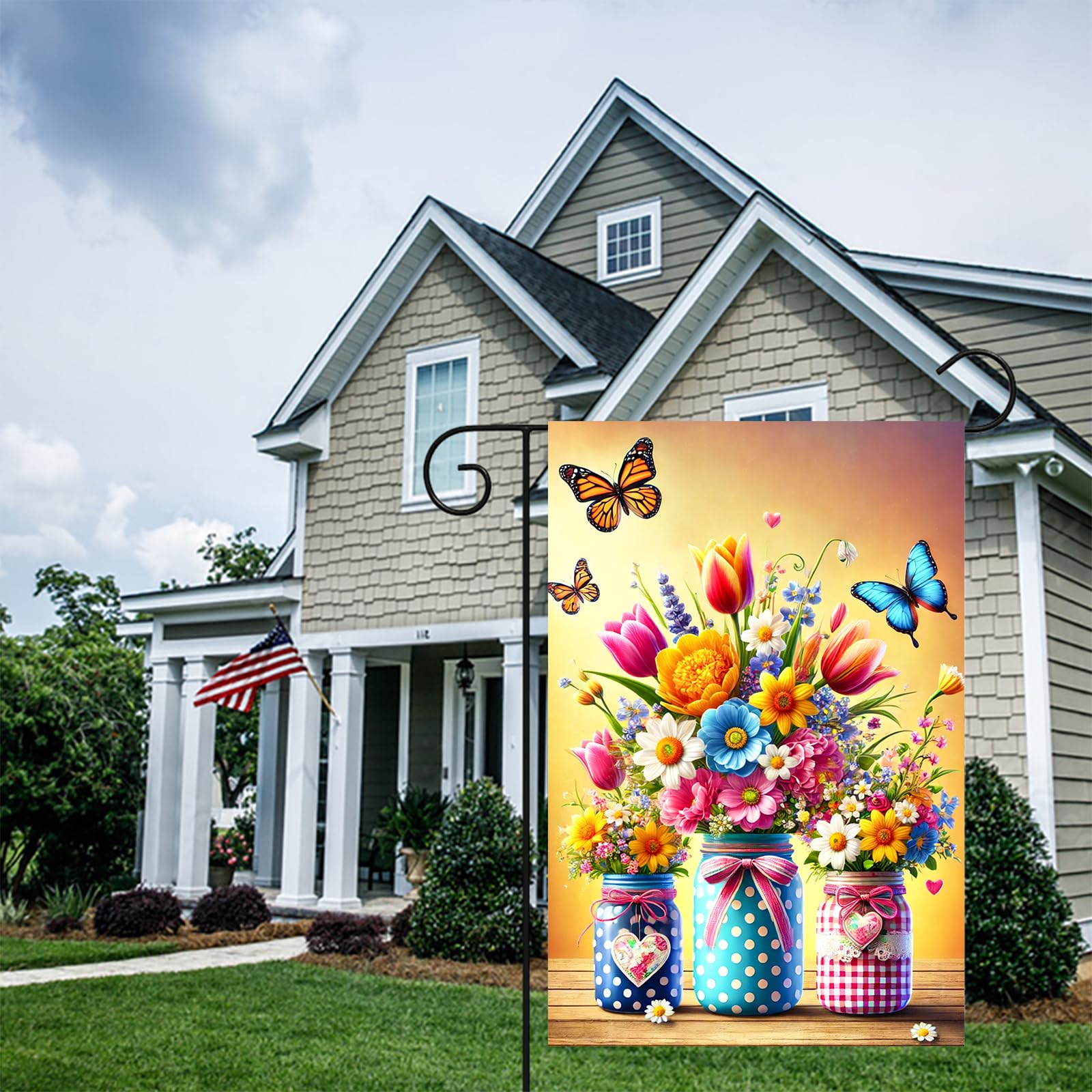 BlissYard yard flag fluttering in wind, weather-resistant design for outdoor use.