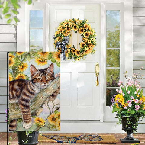 BLKWHT burlap flag features sunflower motif for rustic curb appeal.