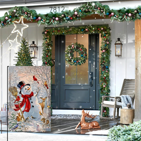 BLKWHT double-sided garden flag with deer and cardinal birds for festive yard.