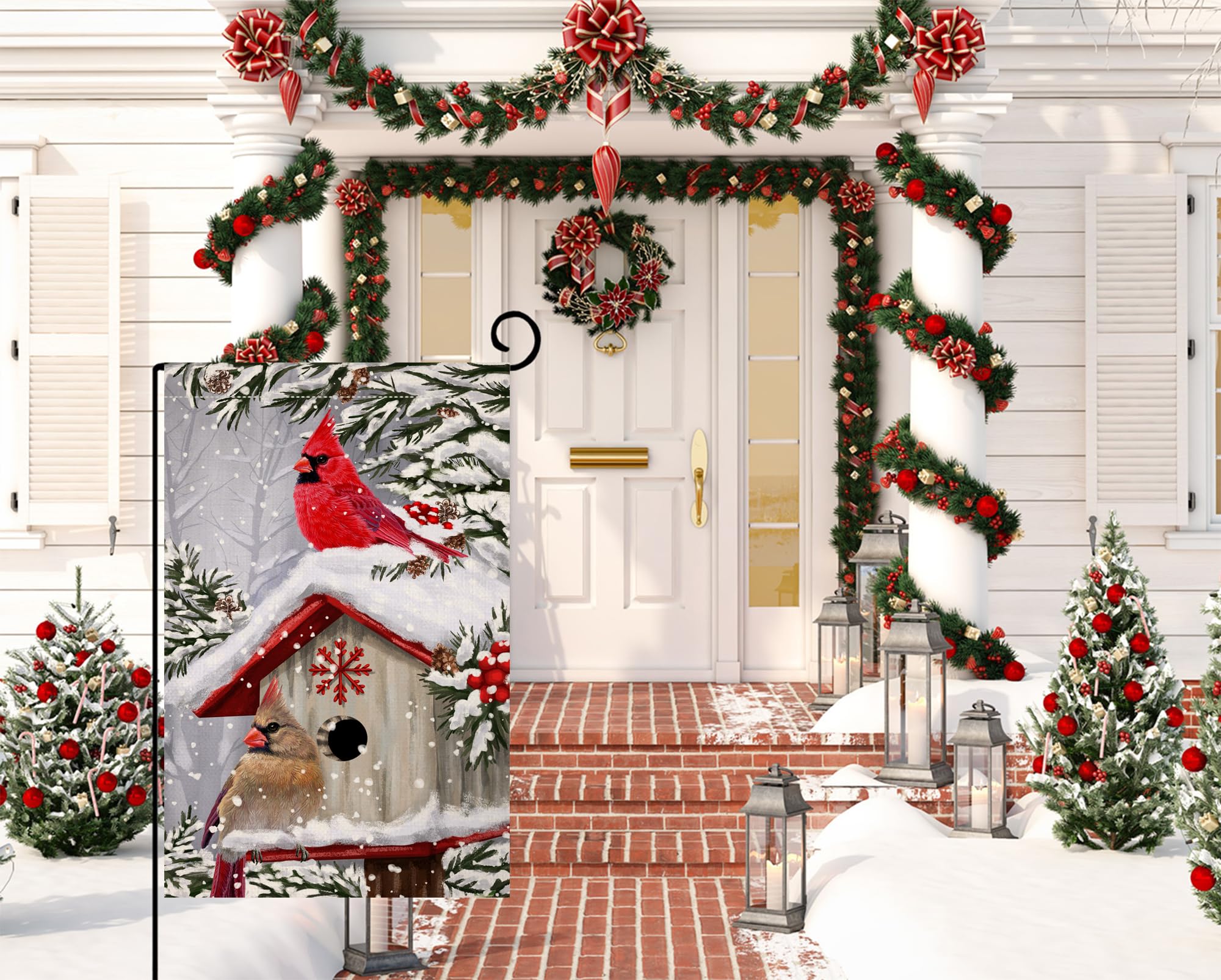 BLKWHT Double-sided Winter Cardinal Flag remains visible from both sides in yard.