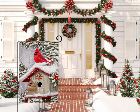 BLKWHT Double-sided Winter Cardinal Flag remains visible from both sides in yard.