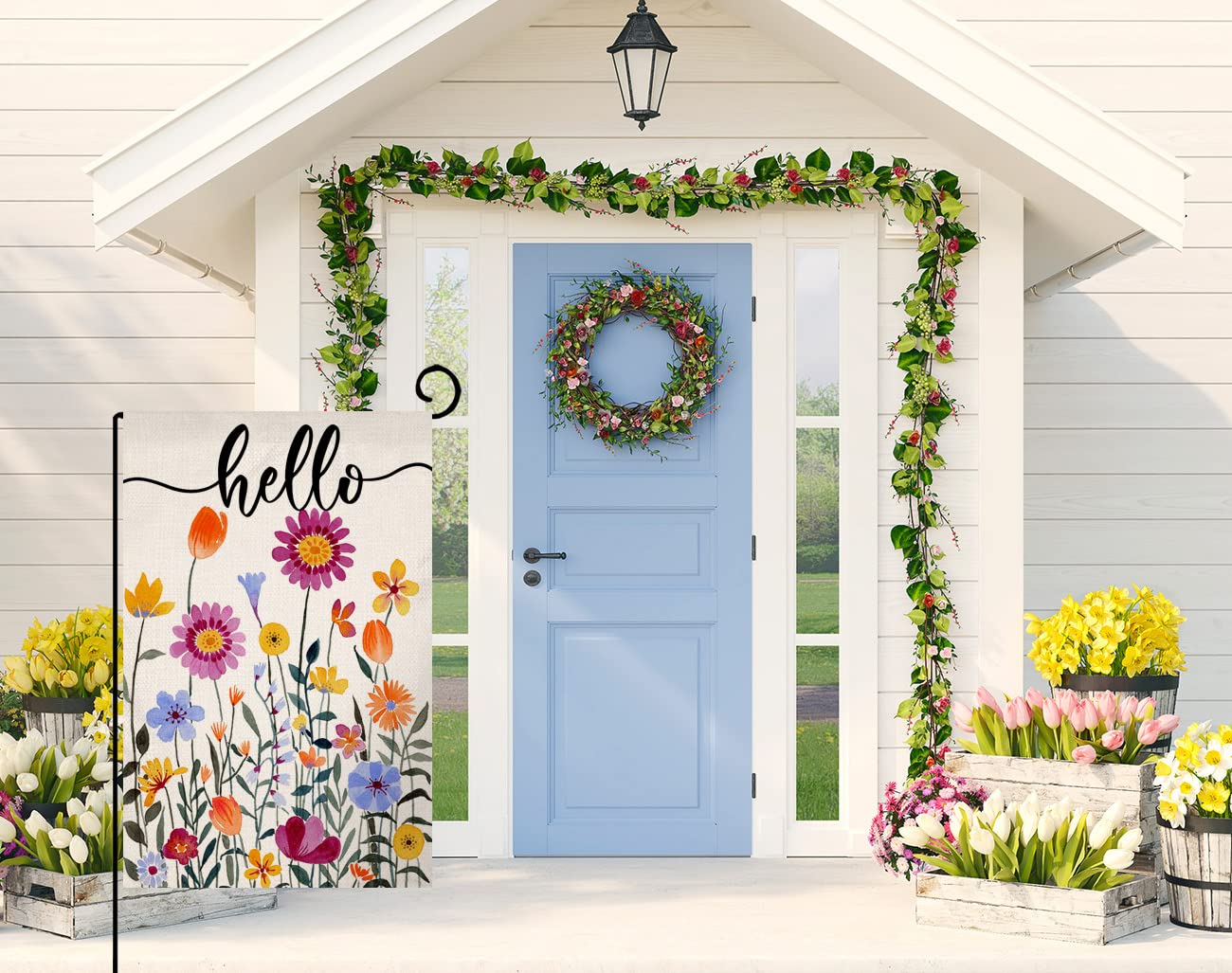 BLKWHT Hello Spring floral flag double sided visibility for outdoor decor