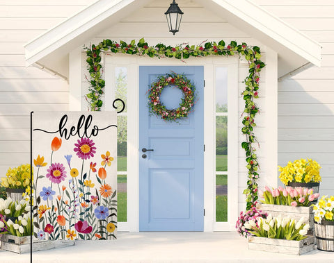 BLKWHT Hello Spring floral flag double sided visibility for outdoor decor