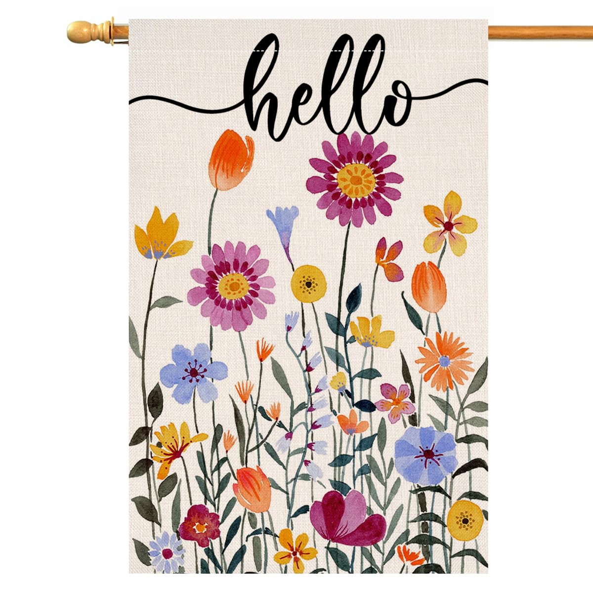 BLKWHT Hello Spring Floral flag with vibrant blooms for outdoor porch display.