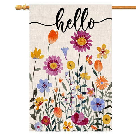 BLKWHT Hello Spring Floral flag with vibrant blooms for outdoor porch display.