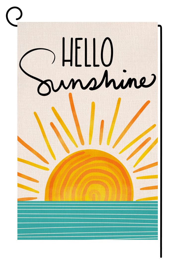 BLKWHT Hello Sunshine garden flag 12x18 on a sunny porch