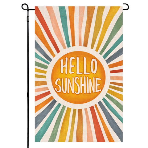 BLKWHT Hello Sunshine garden flag 12x18 for vibrant outdoor display.