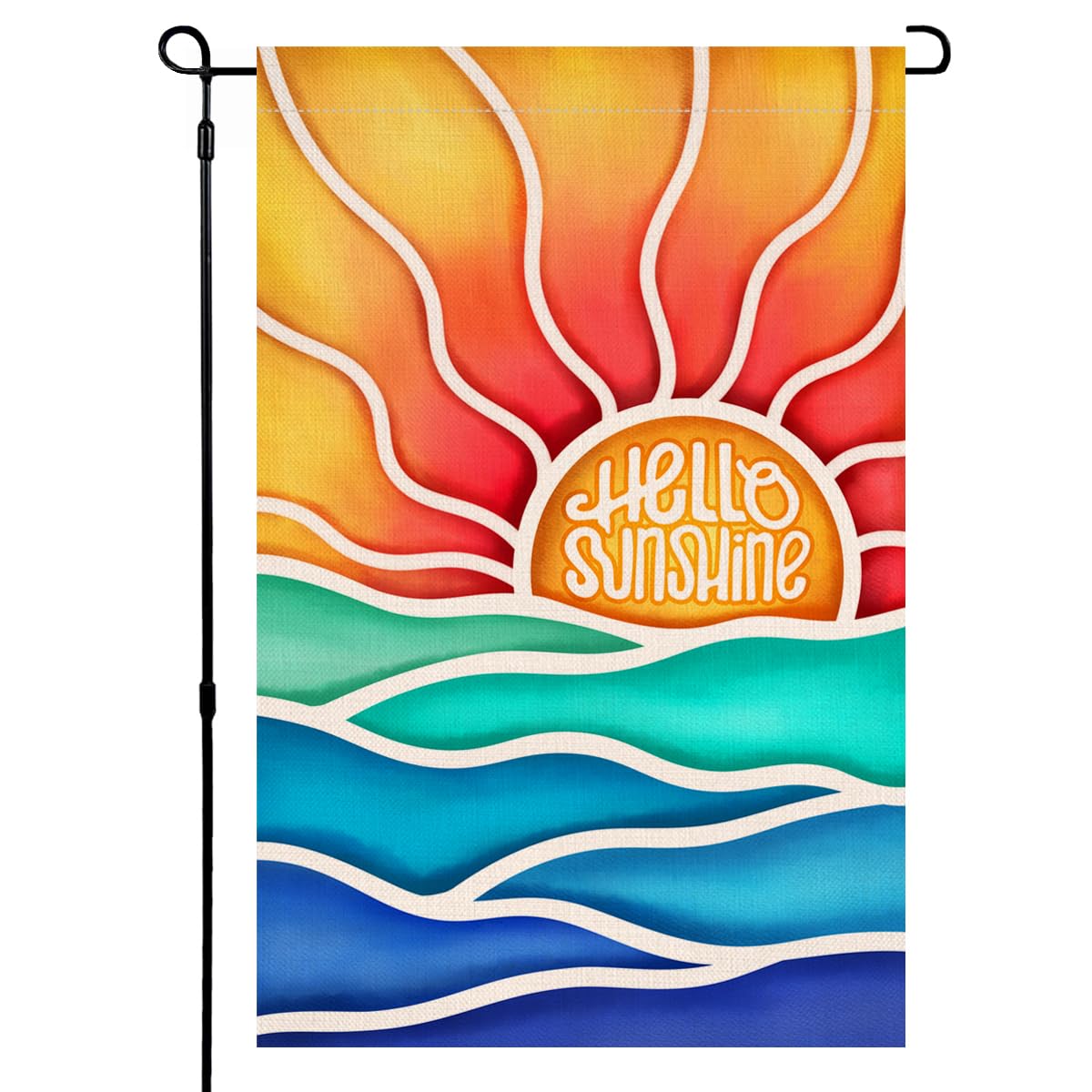 BLKWHT Hello Sunshine garden flag with sun motif, ideal for welcoming guests outdoors.
