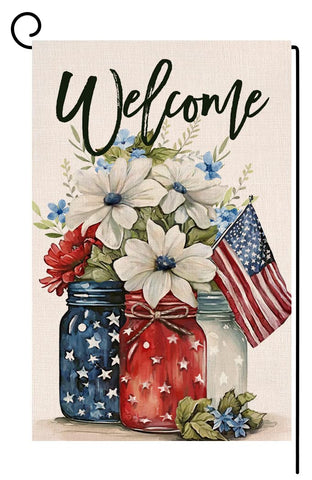 blkwht mason jar floral flag front view for curb appeal outdoors.