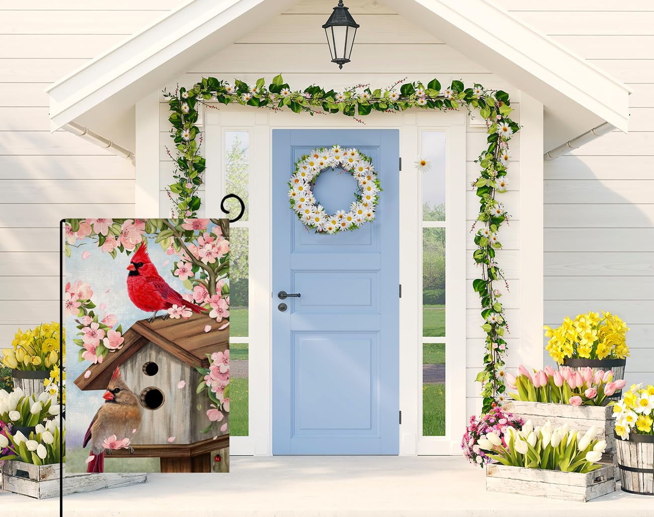 BLKWHT Pink flowers garden flag adds color to patios and porches