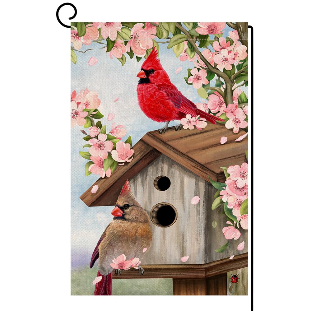 BLKWHT Spring Cardinal Bird flag with cardinal among pink flowers for outdoor decor