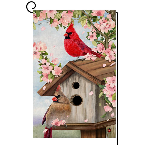 BLKWHT Spring Cardinal Bird flag with cardinal among pink flowers for outdoor decor