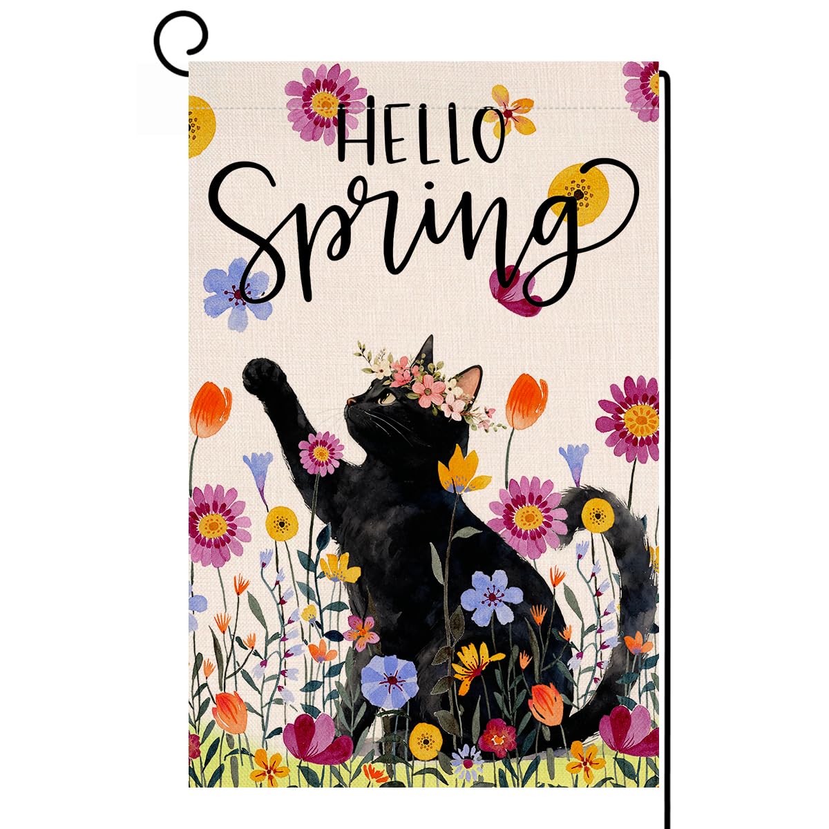 BLKWHT Spring Cat Floral Garden Flag 12x18 with double-sided purple flowers for outdoor decor