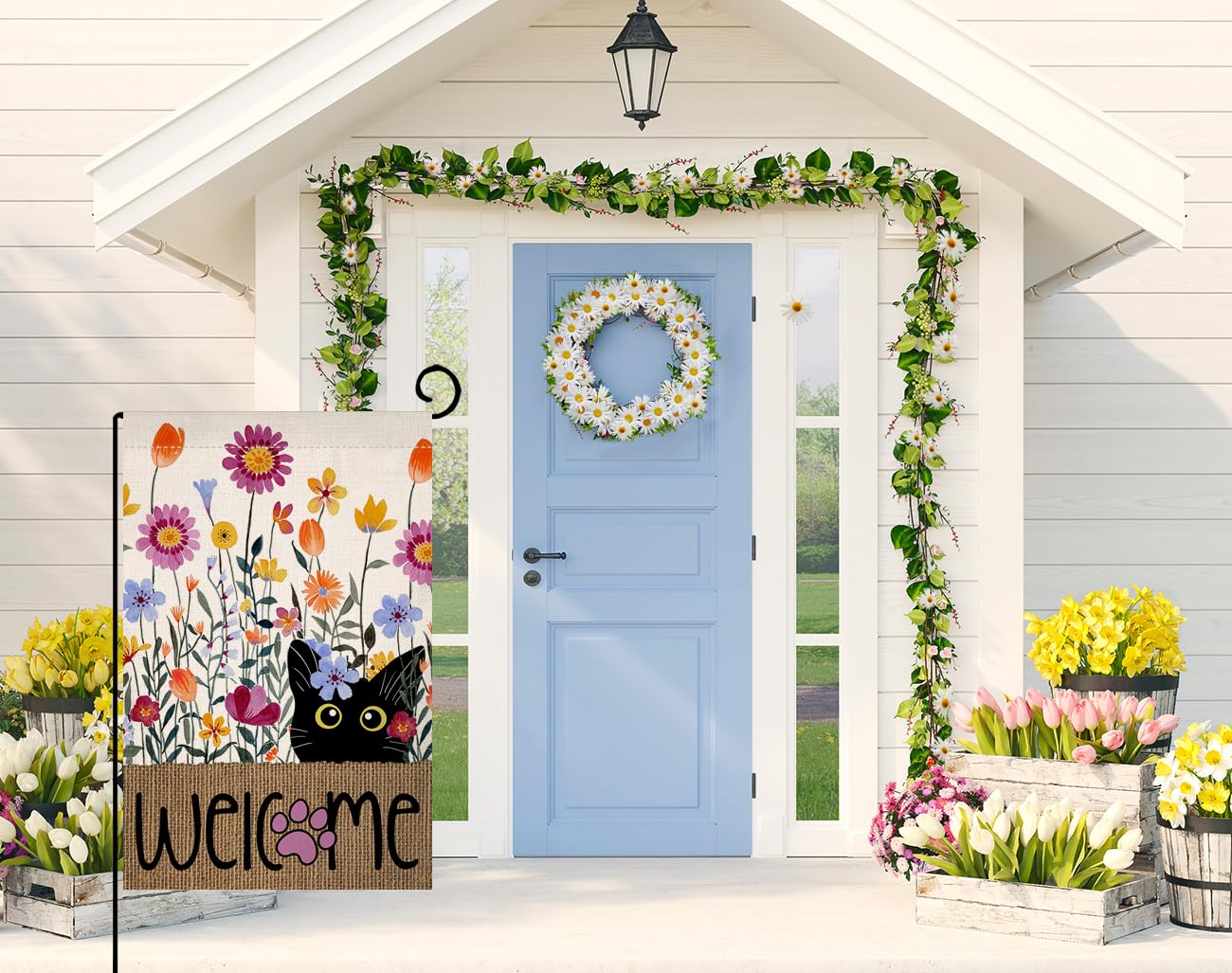 BLKWHT Spring Cat Flowers flag 12x18 back view enhances seasonal decor from both sides