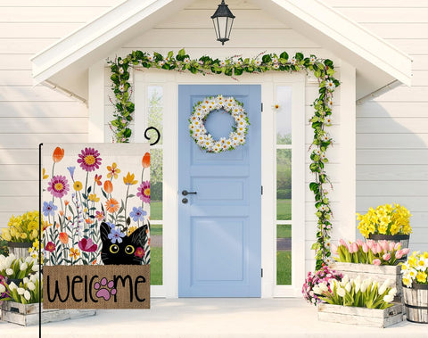 BLKWHT Spring Cat Flowers flag 12x18 back view enhances seasonal decor from both sides