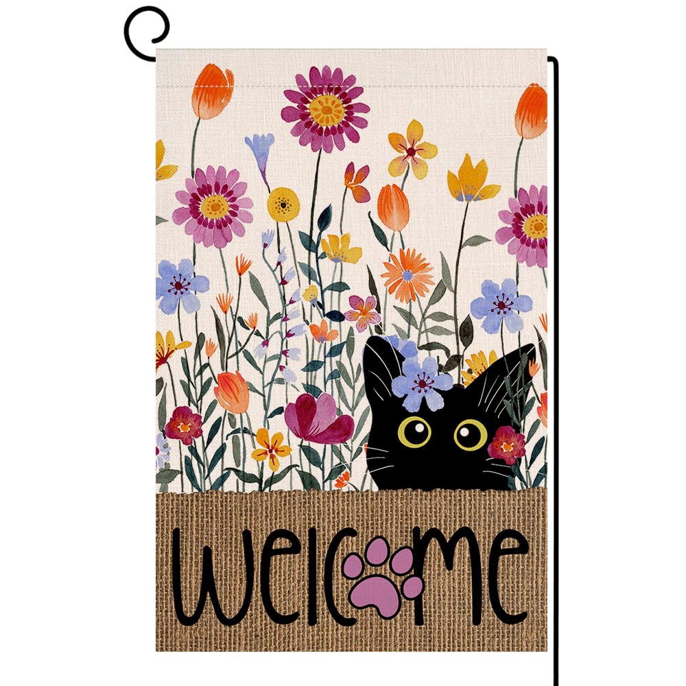 BLKWHT Spring Cat Flowers flag 12x18 front view perfect for outdoor curb appeal
