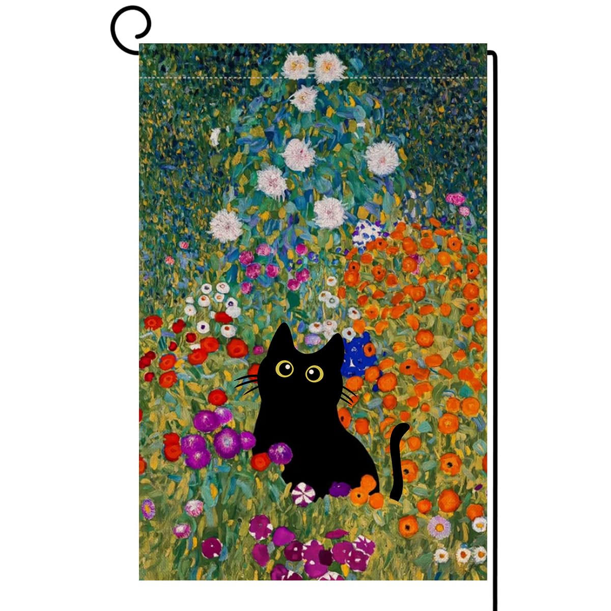 BLKWHT Spring Cat Garden Flag burlap, double-sided, vibrant floral design for outdoor display.