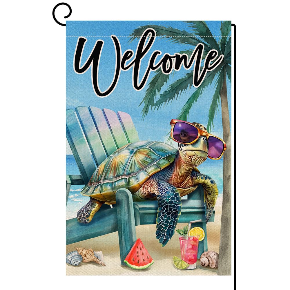 BLKWHT Summer Beach Sea Turtle flag front view on burlap for outdoor summer decor.