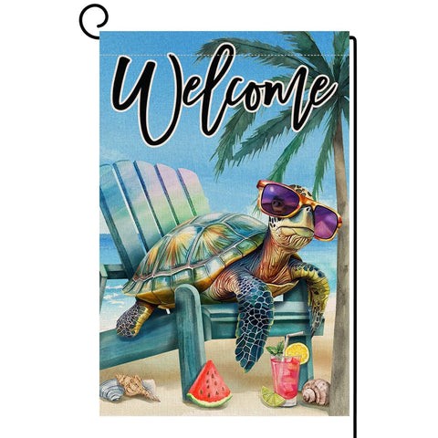 BLKWHT Summer Beach Sea Turtle flag front view on burlap for outdoor summer decor.