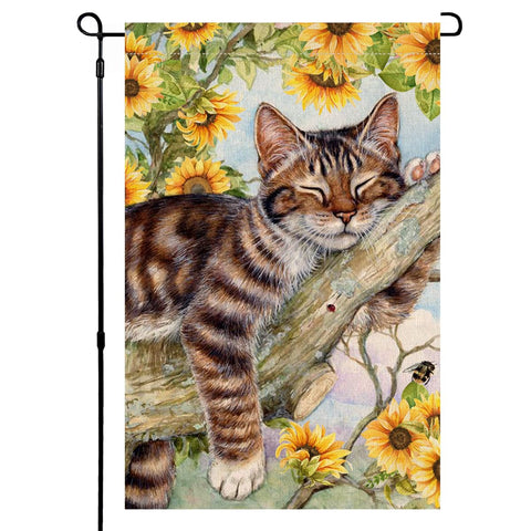 BLKWHT Summer Cat Sunflowers garden flag on outdoor display adds cheerful color.