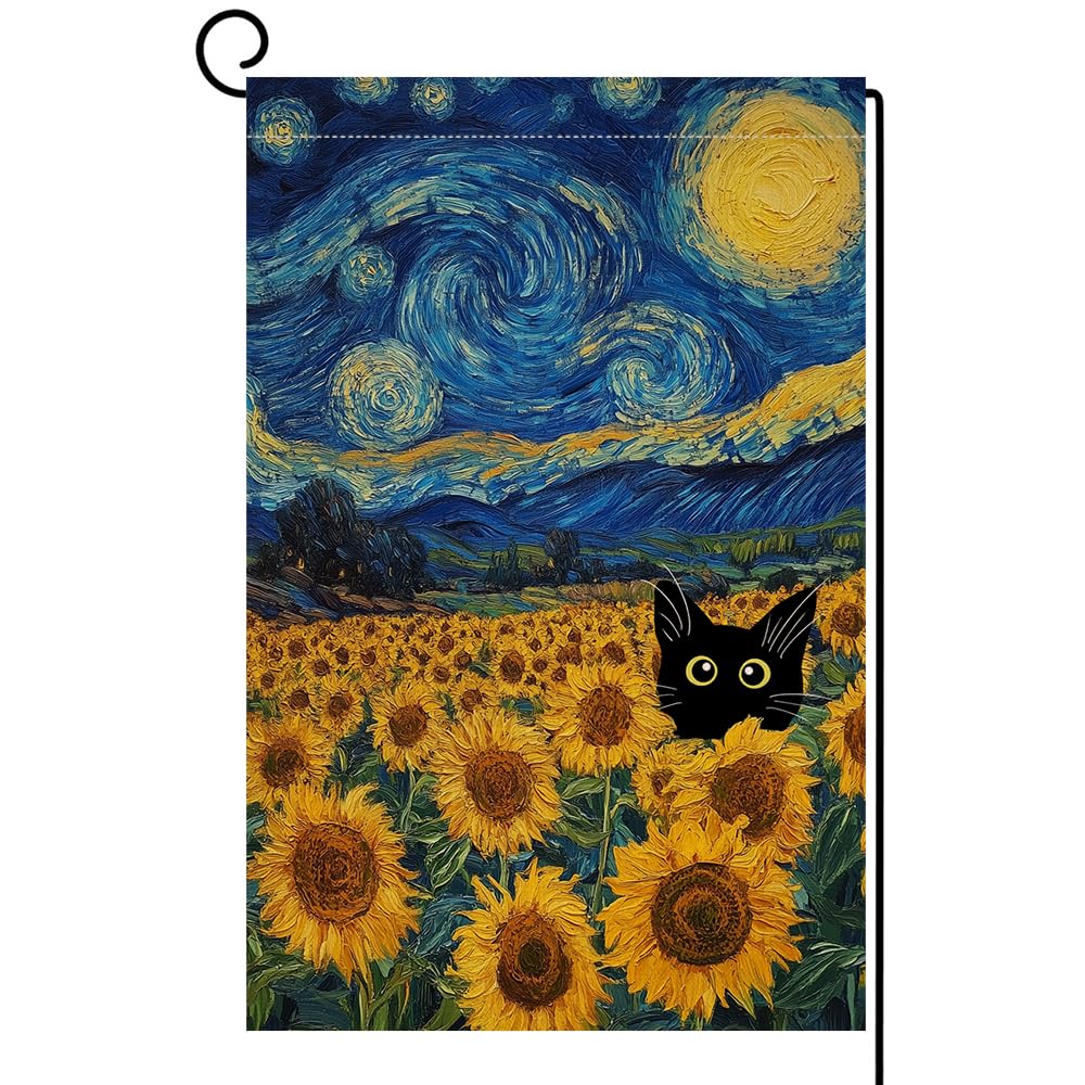 BLKWHT Summer Sunflower Cat garden flag front view with blue sky, perfect for outdoor welcome.