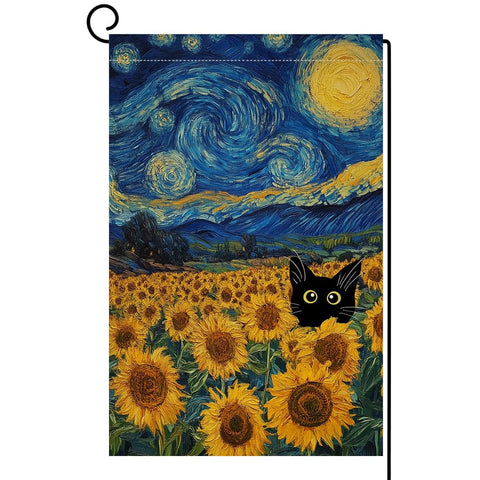 BLKWHT Summer Sunflower Cat garden flag front view with blue sky, perfect for outdoor welcome.
