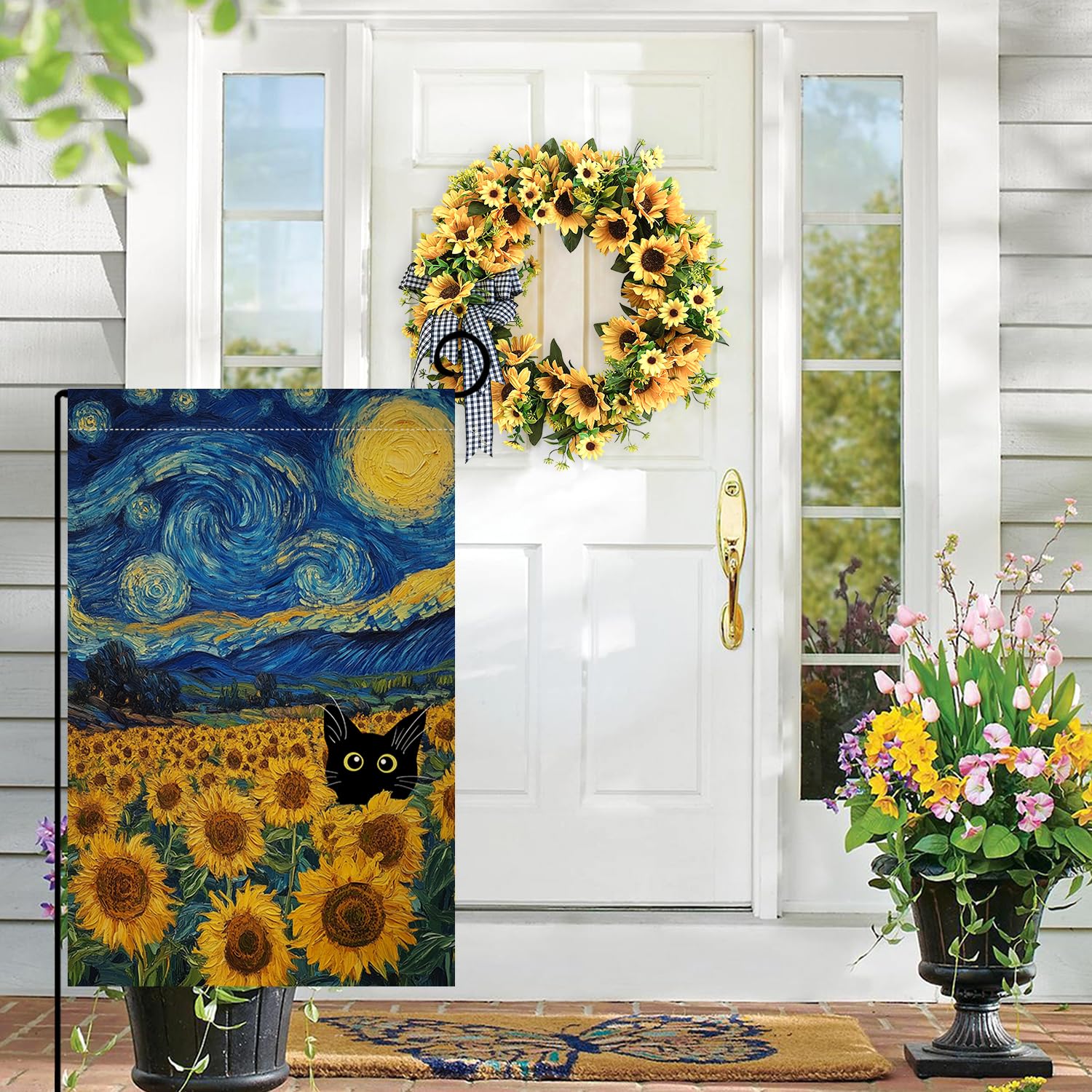 BLKWHT Summer Sunflower Cat close-up of sunflowers and cat motif highlighting vibrant colors for porch charm.